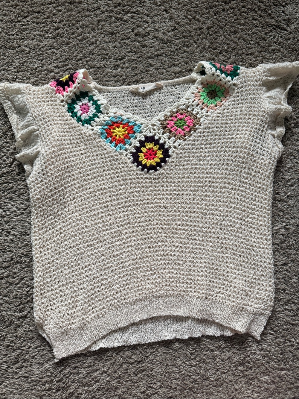 Cream Crochet-Trim Knit Top with Multicolor Floral Inset